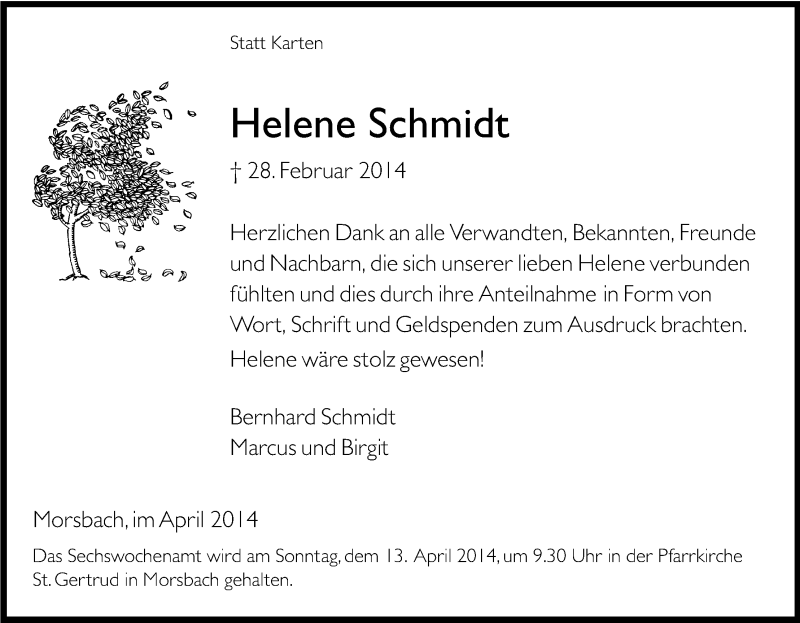  Traueranzeige für Helene Schmidt vom 09.04.2014 aus Kölner Stadt-Anzeiger / Kölnische Rundschau / Express