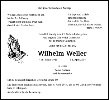 Anzeige von Wilhelm Weller von Kölner Stadt-Anzeiger / Kölnische Rundschau / Express