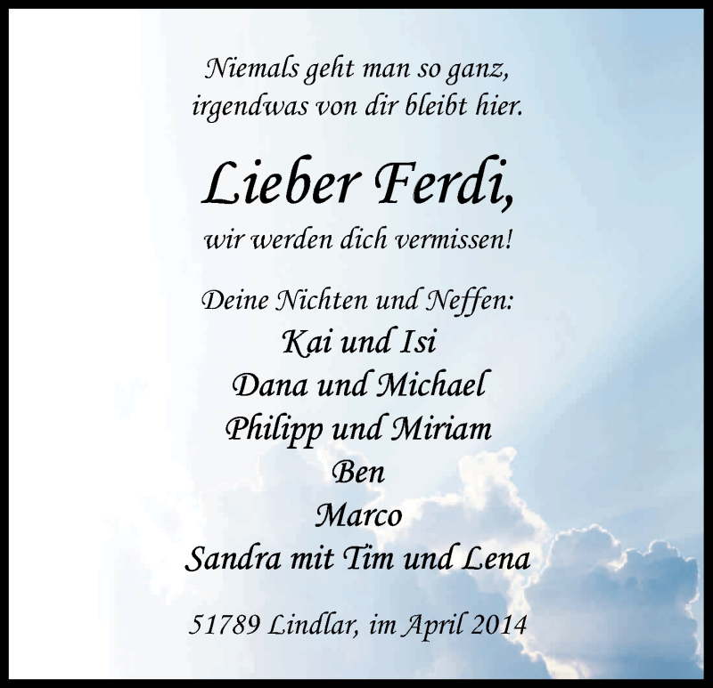  Traueranzeige für Ferdi Börsch vom 05.04.2014 aus Kölner Stadt-Anzeiger / Kölnische Rundschau / Express