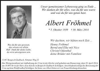 Anzeige von Albert Fröhmel von Kölner Stadt-Anzeiger / Kölnische Rundschau / Express