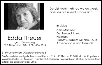 Anzeige von Edda Theuer von Kölner Stadt-Anzeiger / Kölnische Rundschau / Express