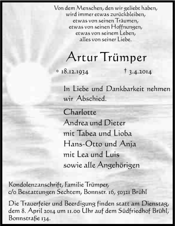 Anzeige von Artur Trümper von Kölner Stadt-Anzeiger / Kölnische Rundschau / Express