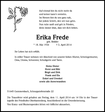 Anzeige von Erika Frede von Kölner Stadt-Anzeiger / Kölnische Rundschau / Express