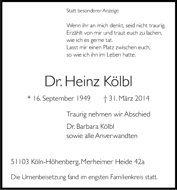 Anzeige von Heinz Kölbl von Kölner Stadt-Anzeiger / Kölnische Rundschau / Express