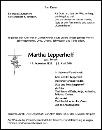 Anzeige von Martha Lepperhoff von Kölner Stadt-Anzeiger / Kölnische Rundschau / Express