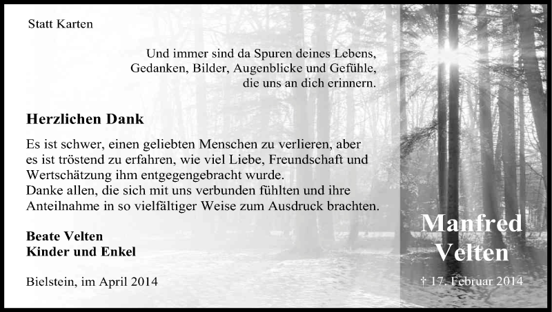  Traueranzeige für Manfred Velten vom 05.04.2014 aus Kölner Stadt-Anzeiger / Kölnische Rundschau / Express