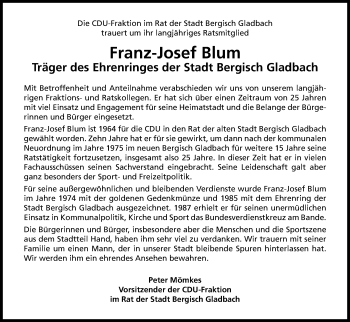 Anzeige von Franz-Josef Blum von Kölner Stadt-Anzeiger / Kölnische Rundschau / Express