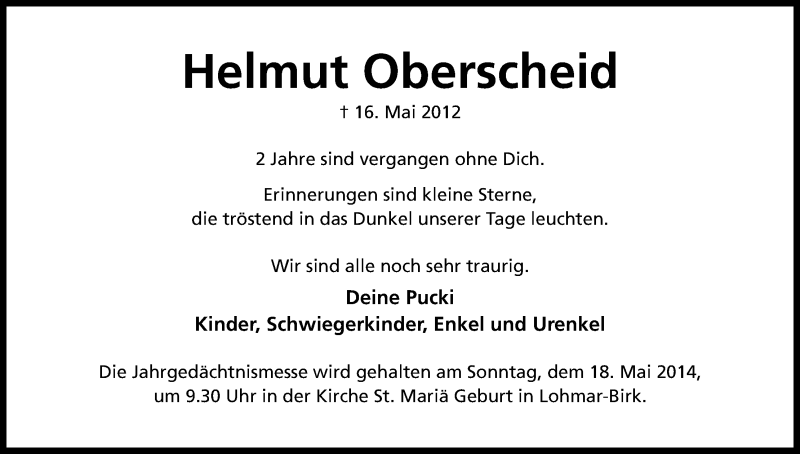  Traueranzeige für Helmut Oberscheid vom 16.05.2014 aus Kölner Stadt-Anzeiger / Kölnische Rundschau / Express