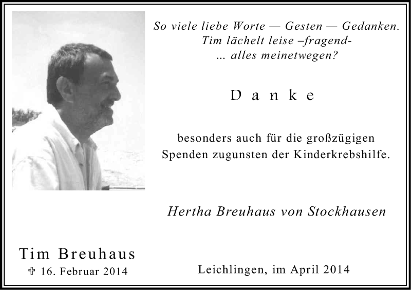  Traueranzeige für Tim Breuhaus vom 12.04.2014 aus Kölner Stadt-Anzeiger / Kölnische Rundschau / Express