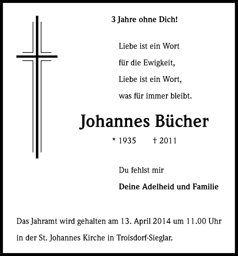  Traueranzeige für Johannes Bücher vom 12.04.2014 aus Kölner Stadt-Anzeiger / Kölnische Rundschau / Express