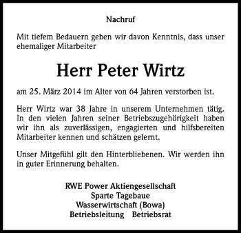 Anzeige von Peter Wirtz von Kölner Stadt-Anzeiger / Kölnische Rundschau / Express