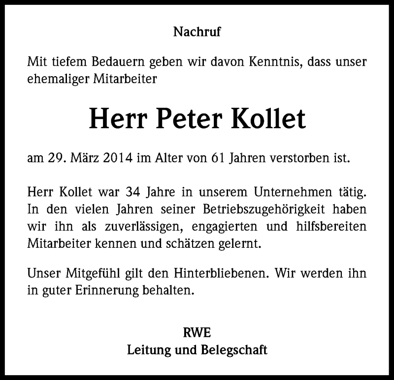  Traueranzeige für Peter Kollet vom 07.04.2014 aus Kölner Stadt-Anzeiger / Kölnische Rundschau / Express