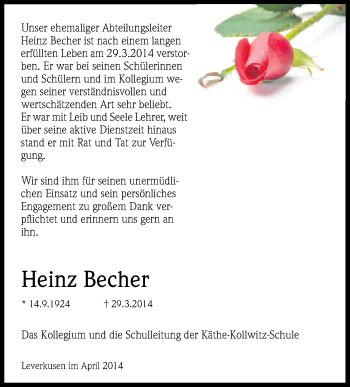 Anzeige von Heinz Becher von Kölner Stadt-Anzeiger / Kölnische Rundschau / Express
