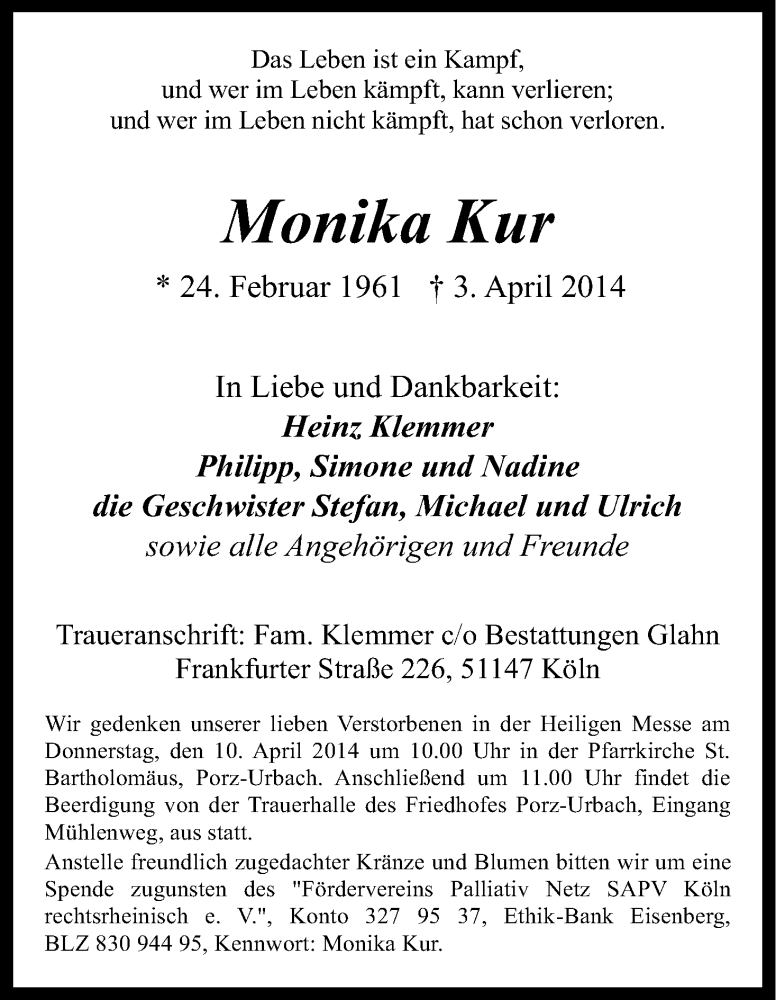  Traueranzeige für Monika Kur vom 07.04.2014 aus Kölner Stadt-Anzeiger / Kölnische Rundschau / Express