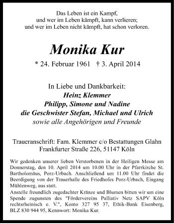 Anzeige von Monika Kur von Kölner Stadt-Anzeiger / Kölnische Rundschau / Express