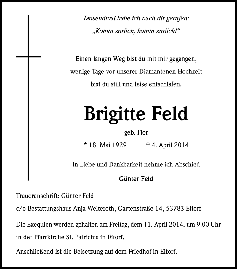  Traueranzeige für Brigitte Feld vom 08.04.2014 aus Kölner Stadt-Anzeiger / Kölnische Rundschau / Express