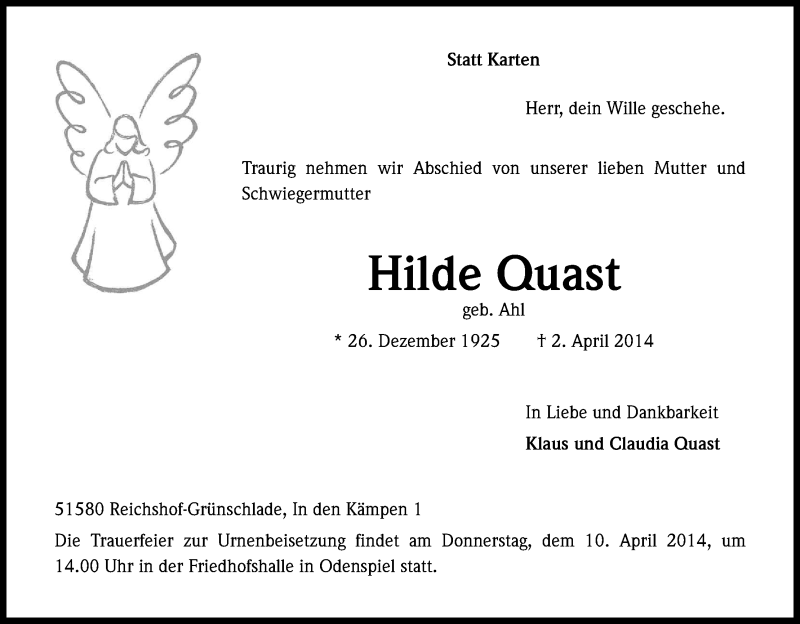  Traueranzeige für Hilde Quast vom 07.04.2014 aus Kölner Stadt-Anzeiger / Kölnische Rundschau / Express