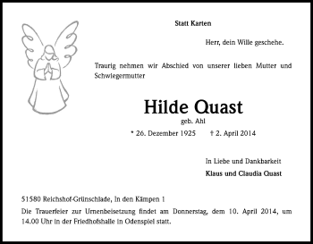 Anzeige von Hilde Quast von Kölner Stadt-Anzeiger / Kölnische Rundschau / Express