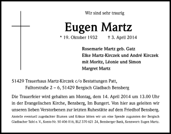 Anzeige von Eugen Martz von Kölner Stadt-Anzeiger / Kölnische Rundschau / Express