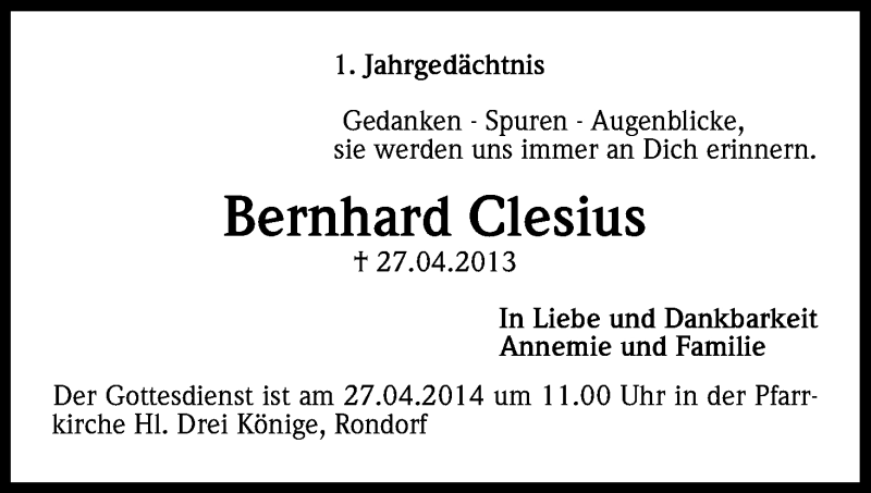  Traueranzeige für Bernhard Clesius vom 26.04.2014 aus Kölner Stadt-Anzeiger / Kölnische Rundschau / Express