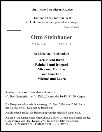 Anzeige von Otto Steinhauer von Kölner Stadt-Anzeiger / Kölnische Rundschau / Express
