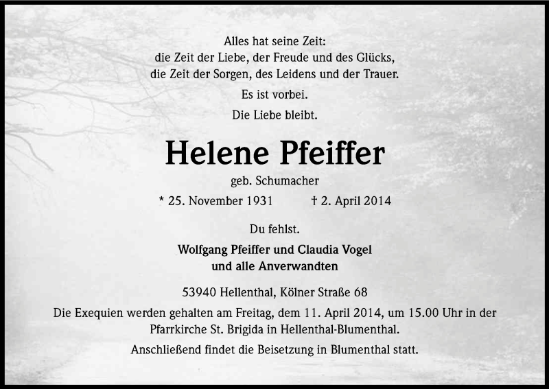  Traueranzeige für Helene Pfeiffer vom 08.04.2014 aus Kölner Stadt-Anzeiger / Kölnische Rundschau / Express