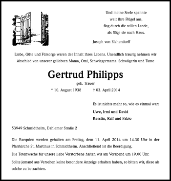Anzeige von Gertrud Philipps von Kölner Stadt-Anzeiger / Kölnische Rundschau / Express