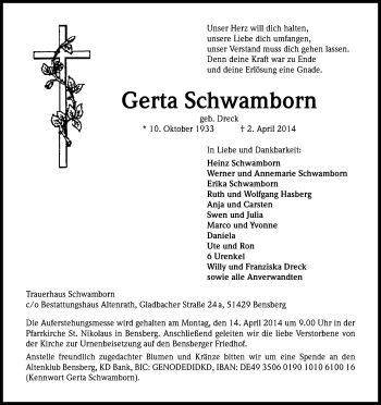 Anzeige von Gerta Schwamborn von Kölner Stadt-Anzeiger / Kölnische Rundschau / Express