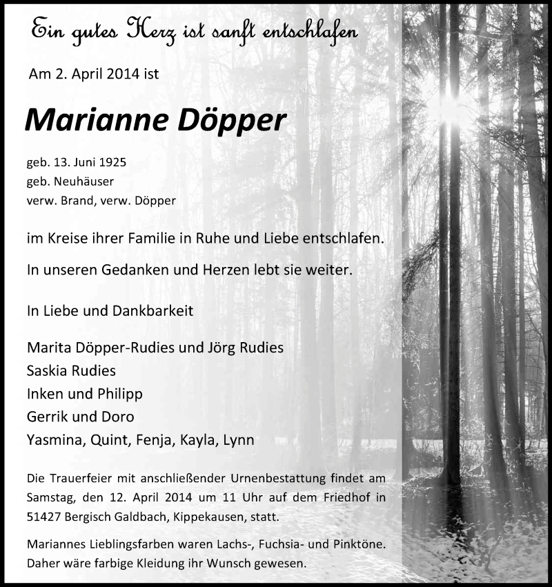  Traueranzeige für Marianne Döpper vom 09.04.2014 aus Kölner Stadt-Anzeiger / Kölnische Rundschau / Express