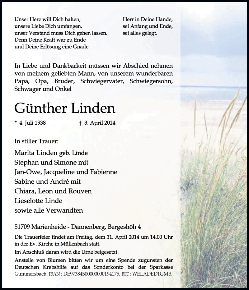  Traueranzeige für Günther Linden vom 08.04.2014 aus Kölner Stadt-Anzeiger / Kölnische Rundschau / Express