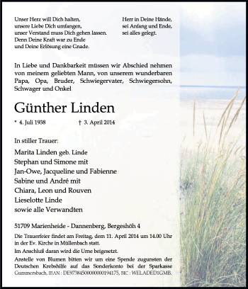 Anzeige von Günther Linden von Kölner Stadt-Anzeiger / Kölnische Rundschau / Express