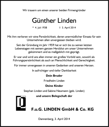 Anzeige von Günther Linden von Kölner Stadt-Anzeiger / Kölnische Rundschau / Express