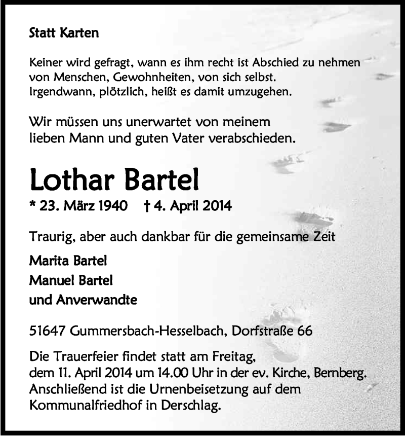  Traueranzeige für Lothar Bartel vom 08.04.2014 aus Kölner Stadt-Anzeiger / Kölnische Rundschau / Express