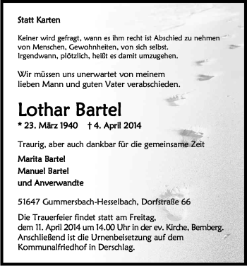 Anzeige von Lothar Bartel von Kölner Stadt-Anzeiger / Kölnische Rundschau / Express