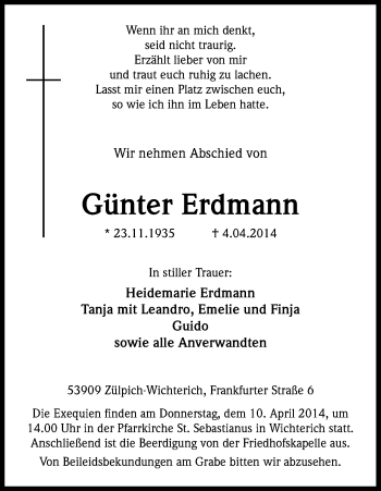 Anzeige von Günter Erdmann von Kölner Stadt-Anzeiger / Kölnische Rundschau / Express
