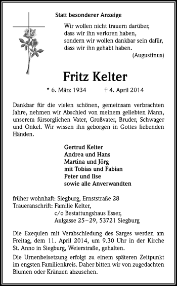 Anzeige von Fritz Kelter von Kölner Stadt-Anzeiger / Kölnische Rundschau / Express
