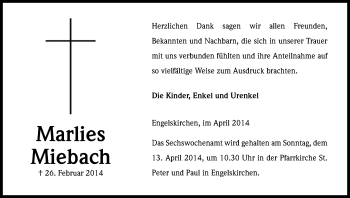 Anzeige von Marlies Miebach von Kölner Stadt-Anzeiger / Kölnische Rundschau / Express