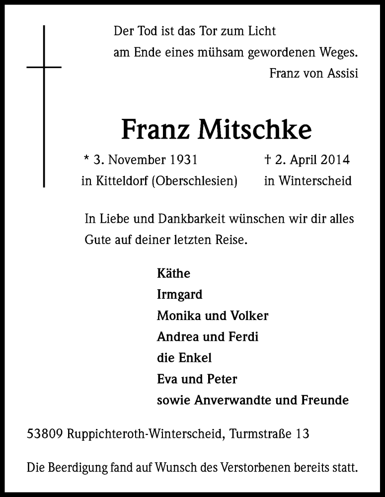  Traueranzeige für Franz Mitschke vom 09.04.2014 aus Kölner Stadt-Anzeiger / Kölnische Rundschau / Express