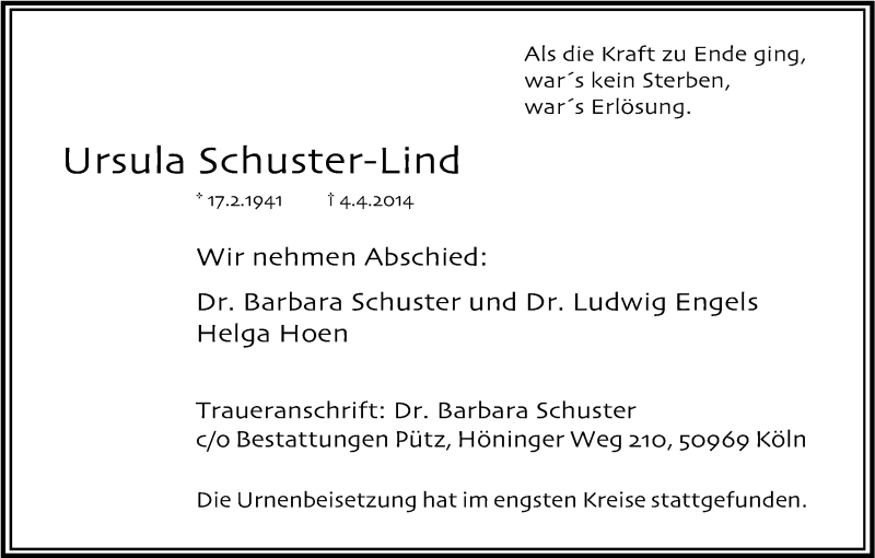  Traueranzeige für Ursula Schuster-Lind vom 03.05.2014 aus Kölner Stadt-Anzeiger / Kölnische Rundschau / Express
