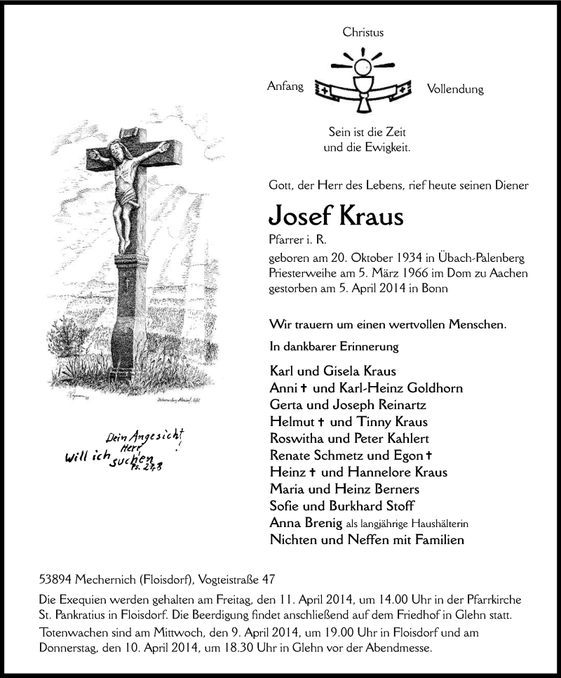  Traueranzeige für Josef Kraus vom 08.04.2014 aus Kölner Stadt-Anzeiger / Kölnische Rundschau / Express