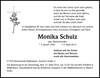 Anzeige von Monika Schulz von Kölner Stadt-Anzeiger / Kölnische Rundschau / Express