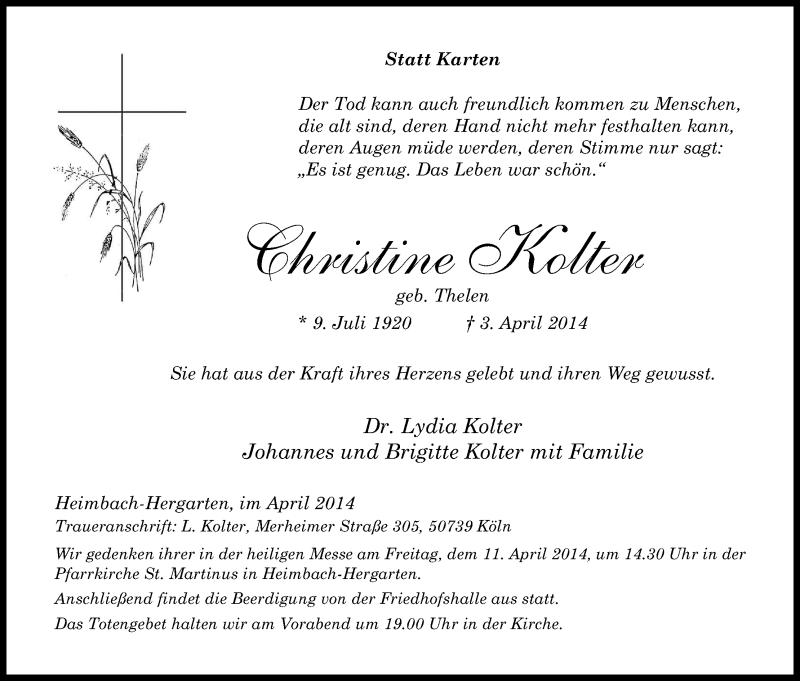  Traueranzeige für Lydia Kolter vom 08.04.2014 aus Kölner Stadt-Anzeiger / Kölnische Rundschau / Express