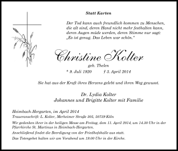 Anzeige von Lydia Kolter von Kölner Stadt-Anzeiger / Kölnische Rundschau / Express
