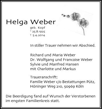 Anzeige von Helga Weber von Kölner Stadt-Anzeiger / Kölnische Rundschau / Express