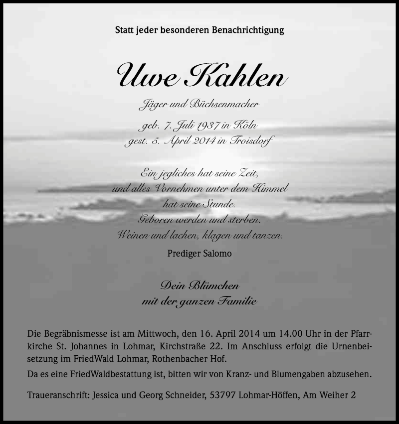  Traueranzeige für Uwe Kahlen vom 09.04.2014 aus Kölner Stadt-Anzeiger / Kölnische Rundschau / Express