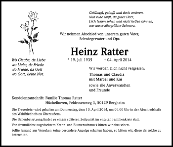 Anzeige von Heinz Ratter von Kölner Stadt-Anzeiger / Kölnische Rundschau / Express