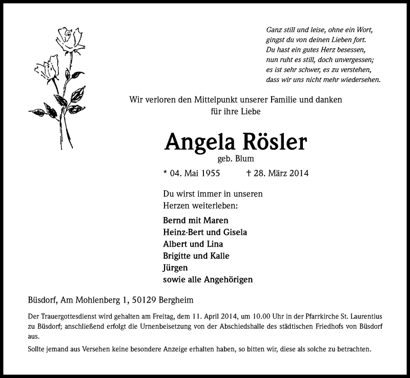 Traueranzeige für Angela Rösler vom 08.04.2014 aus Kölner Stadt-Anzeiger / Kölnische Rundschau / Express