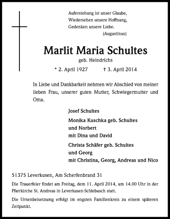 Anzeige von Marlit Maria Schultes von Kölner Stadt-Anzeiger / Kölnische Rundschau / Express