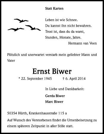 Anzeige von Ernst Biwer von Kölner Stadt-Anzeiger / Kölnische Rundschau / Express