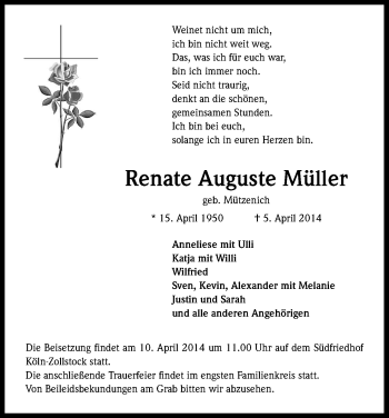 Anzeige von Renate Auguste Müller von Kölner Stadt-Anzeiger / Kölnische Rundschau / Express